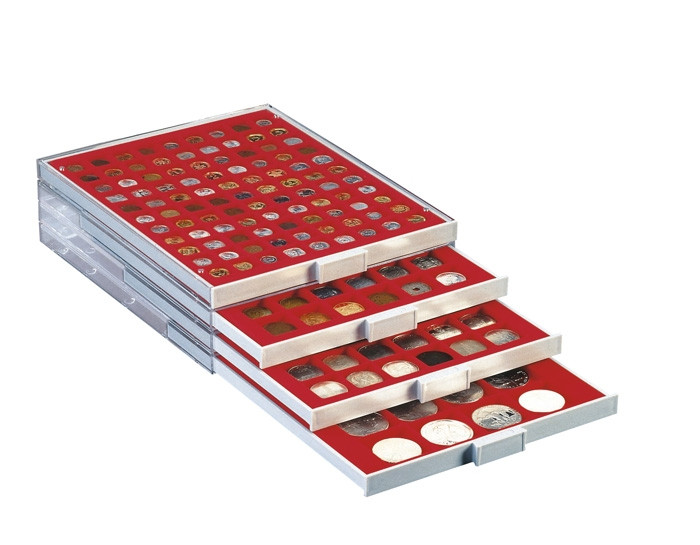 LINDNER Das Original Boîte à Monnaies 24 Alvéoles – Pour Capsules Ø 41 Mm – Tiroir Gris, Plateau Velours Rouge – Made In Germany